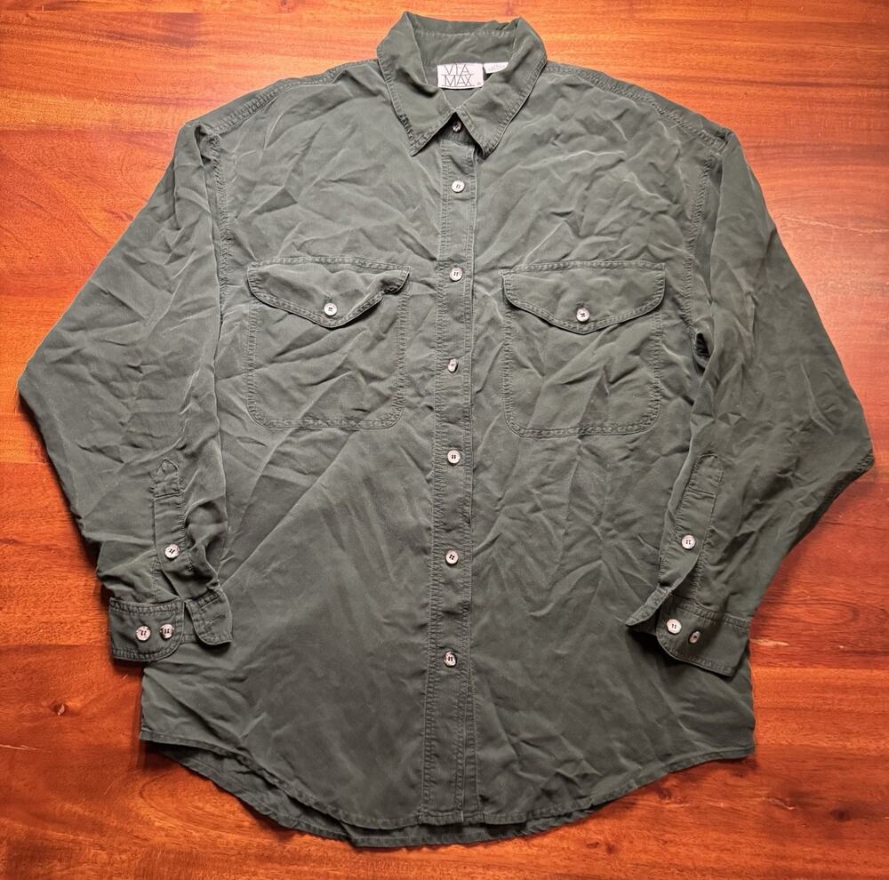VÍA MAX Womens Forest Green 100% Silk Button up Long sleeve Shirt Sz S
